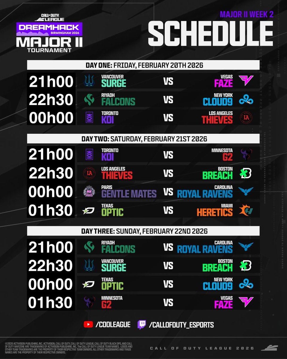 Voici le programme des matchs de la Semaine 2 👀

Qualifications Major II | #CDL2026