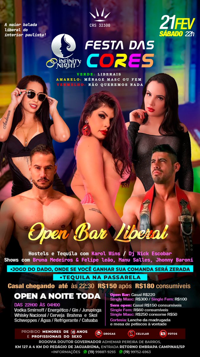 jackecah's tweet photo. SABADO VAMOS TER FESTA DAS CORES 🔥😈
VERDE : LIBERAIS 
AMARELO : MENAGE MASC OU FEM
VERMELHO : NÃO QUEREMOS NADA

BORA INFINITAR DIFERENTE?

#INFINITYNIGHT 
#casadeswung 
#baladaliberal
#casaisliberais
#jaguariuna 
#interiordesaopaulo https://t.co/D97Hq3wNXu