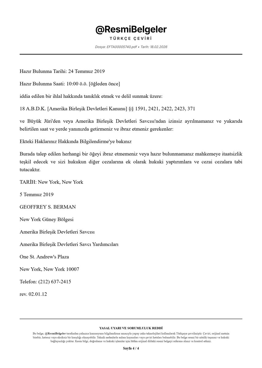 ResmiBelgeler's tweet photo. 📢 ABD ADALET BAKANLIĞI, FEDERAL AĞIR SUÇ SORUŞTURMASI İÇİN BÜYÜK JÜRİ CELBİ ÇIKARDI

📄 ABD Adalet Bakanlığı, New York Güney Bölgesi Savcılığı, federal bir ağır suç soruşturması kapsamında 5 Temmuz 2019 tarihli bir Büyük Jüri Celbi yayınladı. Celp, 24 Temmuz 2019'da ifade ve delil sunumu için çağırıyor.

⚖️ Celpname, 18 U.S.C. §§ 1591, 2421, 2422, 2423, 371 maddeleri uyarınca iddia edilen ihlallerle ilgili. Soruşturmanın gizliliğinin korunması talep ediliyor ve celbin varlığının açıklanmaması rica ediliyor. 

🏛️ Celpname ile birlikte 'Haklarınız Hakkında Bilgilendirme' de sunuldu. Bu haklar arasında kendini suçlamama, avukat bulundurma ve maddi imkansızlık durumunda avukat atanması talebinde bulunma hakkı yer alıyor.