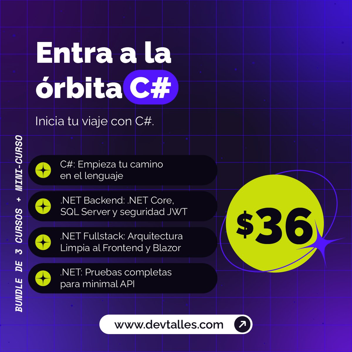 🚀 Entra a la órbita C#

Domina el lenguaje desde cero y avanza hasta:
✔️ APIs con .NET Core
✔️ SQL Server + JWT
✔️ Arquitectura limpia + Blazor
✔️ Pruebas completas en Minimal API

Es prepararte para el mundo profesional.

¿Listo para despegar? 🌌
👉 cursos.devtalles.com/bundles/orbita…