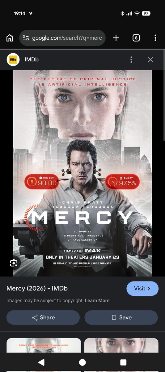 __K3ys's tweet photo. In the near future, an advanced AI judge tells a captive detective that he's on trial for the murder of his wife. If he fails to prove his innocence within 90 minutes, he'll be executed on the spot. #Mercy absolutely amazing concept and idea 8/10 fell off at the end but 👍 https://t.co/6HBNLrUFyX
