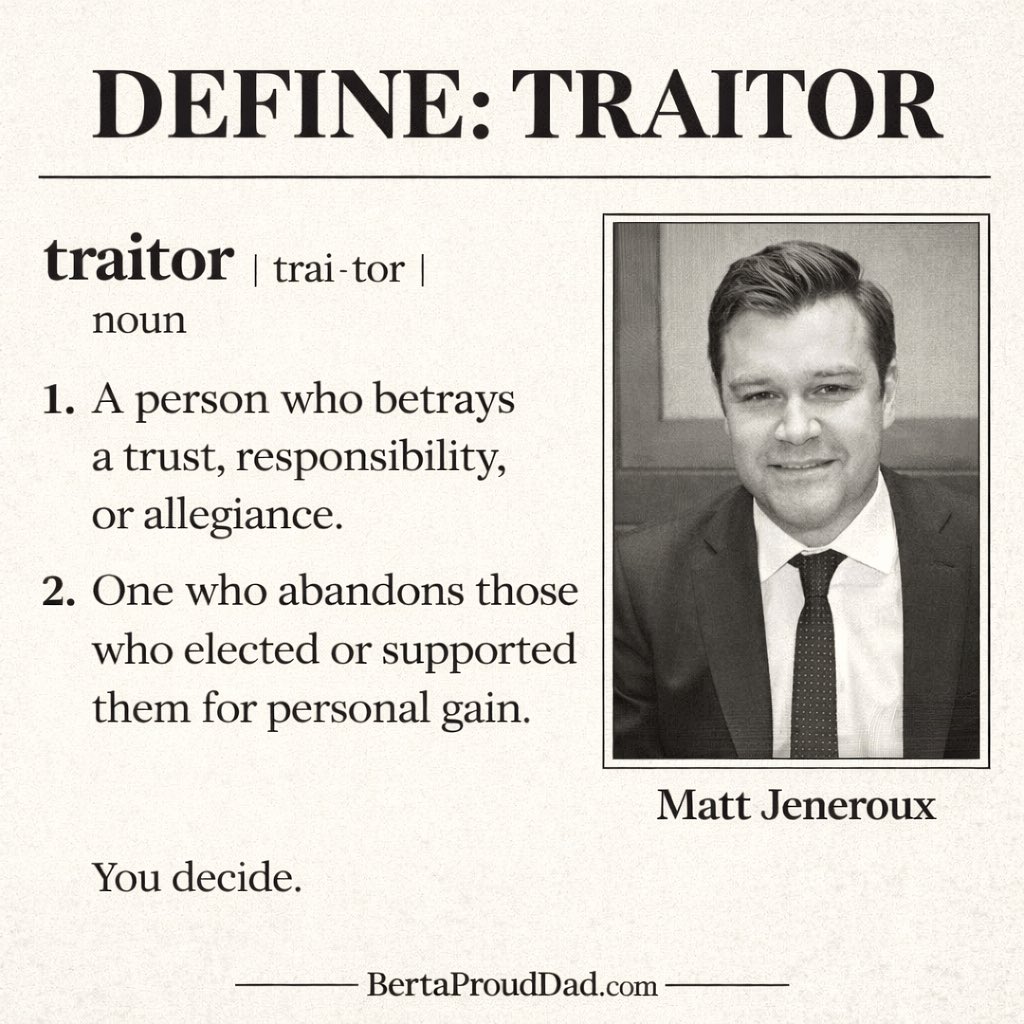 BertaProudDad's tweet image. Edmonton Riverbend voted for Conservative representation. Matt Jeneroux took their trust, got elected, then switched sides. You don’t campaign one way and govern another. Constituents deserved honesty and real representation. What do you call that? #ableg #cdnpoli