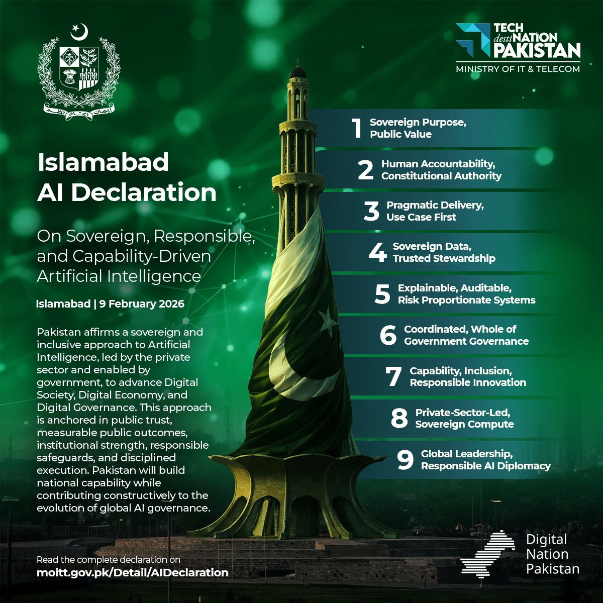 Islamabad AI Declaration | Adopted 9 February 2026

On 9 February 2026, Pakistan formally adopted a sovereign, responsible, and capability-driven approach to Artificial Intelligence.

Private-sector-led. Government enabled.
 Human-accountable. Use-case first.
 Built on sovereign