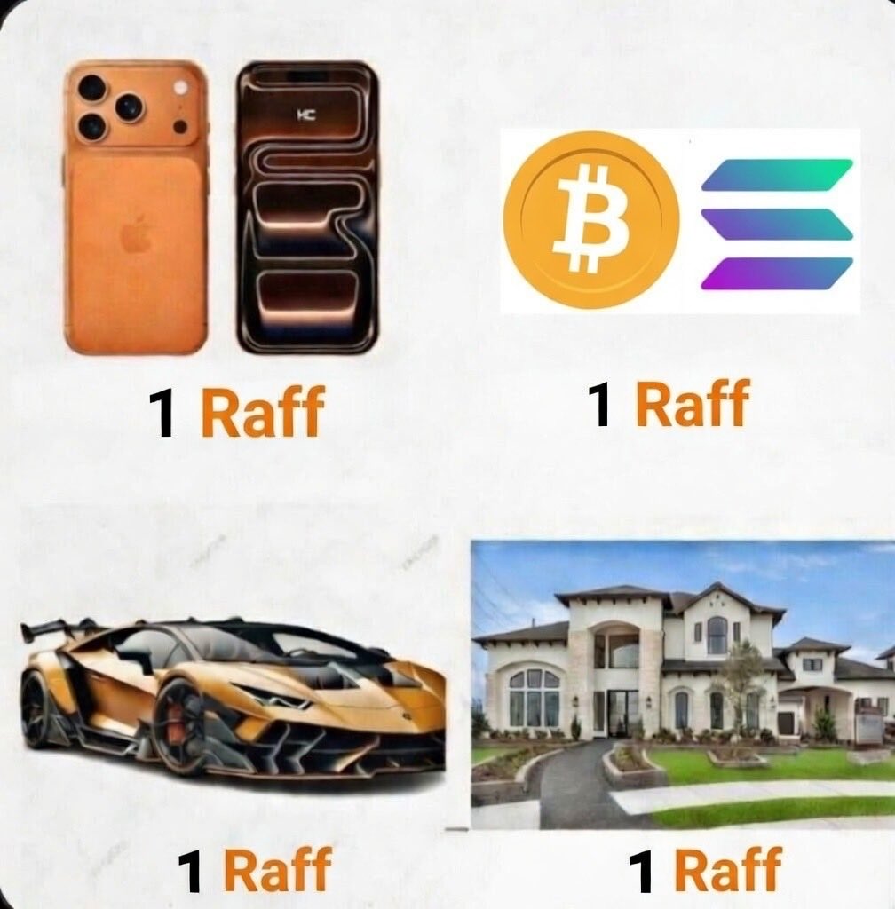 Raffelon1's tweet photo. 🦝 RAFF FAM – DREAM BIG, RAFF BIG 
Look at this wishlist every degen wants:
•  Orange iPhone 17 Pro Max
•  Custom HC phone drip
•  McDonald’s feast + Coke
•  Lambo Aventador
•  Mansion with pool
You can have ALL THIS (and more) if you hold $RAFF and win the raffles!
Raff Bot is coming soon → free tickets for holders → SOL prizes + big ticket wins turning dreams into reality 
Don’t fade now – the trash panda is holding the purple ticket for YOU.
Who’s ready to turn “1 Raff” into real bags & Lambos?