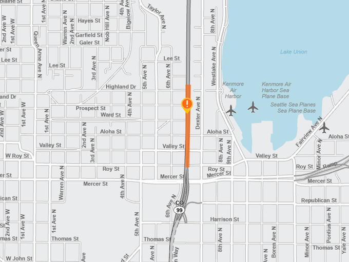 [SR-99] SR99南向康斯托克至哈里森两左车道今晚9点关闭，周四5点恢复.@seattledot