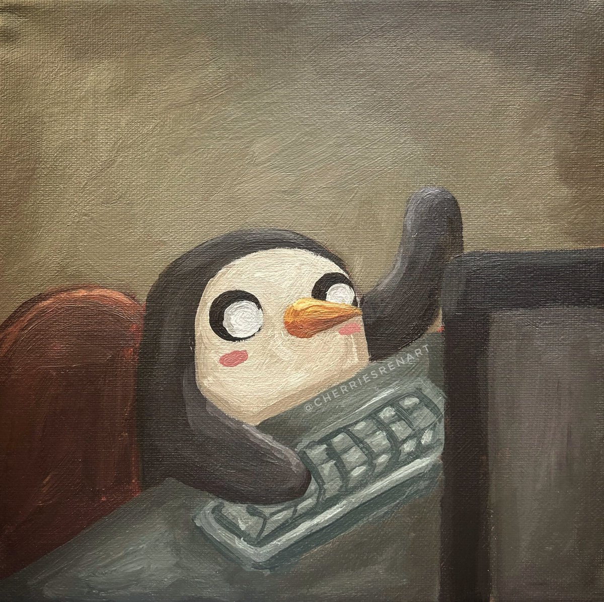 cherriesren's tweet photo. gunter dealing with emails painting https://t.co/cehNpmH4yn