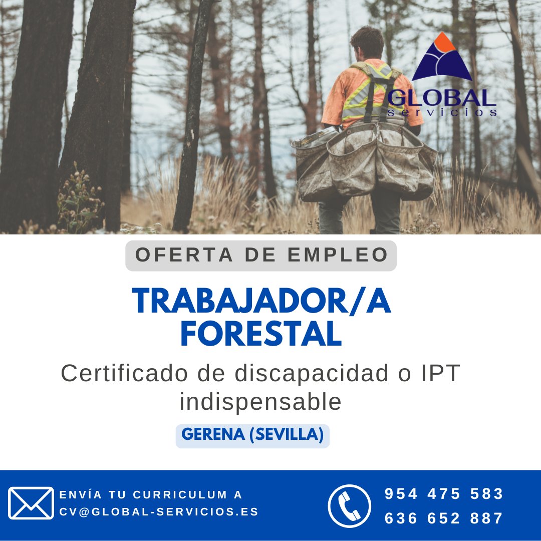 GlobalServ15's tweet photo. Buscamos Trabajador/a Forestal para incorporación en marzo en Gerena (Sevilla) 🌱

✔️ Plantación, riego y desbroce
🕒 L–V 7:00–15:00 (38,5h)
📄 Contrato 5-6 meses
💶 1.300–1.400 €
♿ Preferentemente personas con discapacidad
📩 cv@global-servicios.es
📞 954 475 583

#empleo https://t.co/XDZ6dHdQCJ