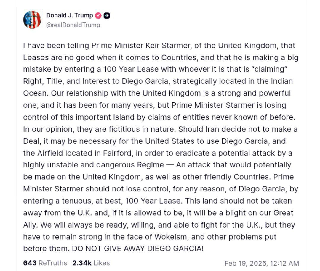 TrishulxIN's tweet image. 🛑 Just in 
Trump to UK PM Starmer on Diego Garcia :- 
"If Iran does not make a deal, the United States may need to use Diego Garcia and the airfield in Fairford to stop a potential attack by Iran regime"