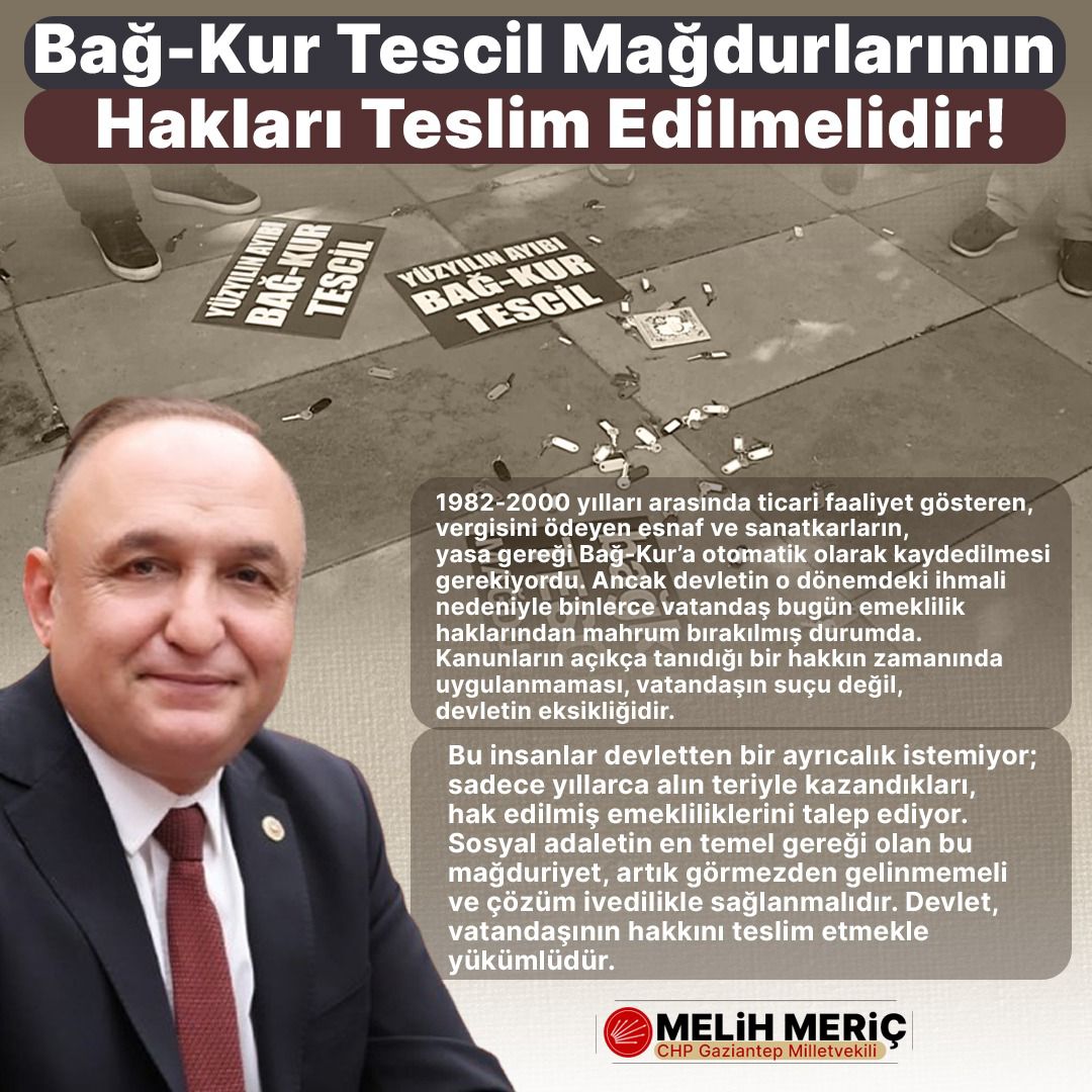 "Vaatlerinizle temel atıp, icraatınızla kat çıkacaksınız” 
"Oy sandığı artık savaş meydanımız değil, müzakere  masamızdır ! 
#BağkurTescilZulmüBitsin <a href="/tcbestepe/">T.C. Cumhurbaşkanlığı</a> <a href="/dbdevletbahceli/">Devlet Bahçeli</a> <a href="/melih_meric/">Melih Meriç</a> <a href="/eczserkansari/">Serkan Sarı 🇹🇷</a> <a href="/dileketesgk/">Dilek ETE</a> <a href="/TBMMGenelKurulu/">TBMM Genel Kurulu</a>
