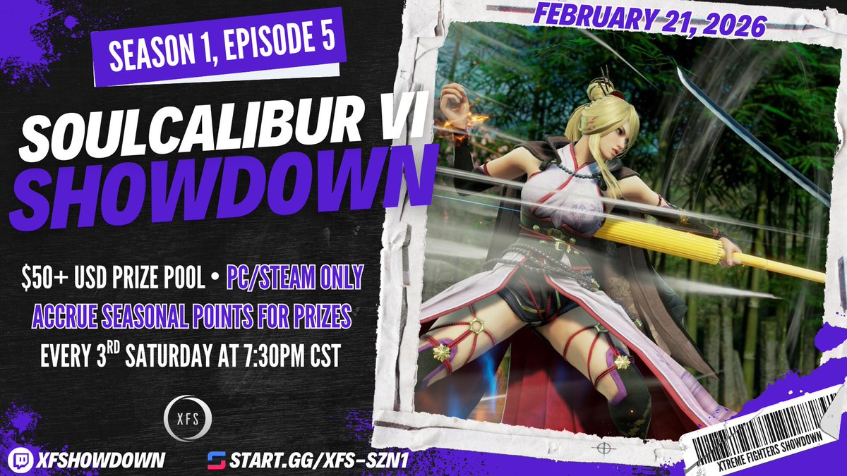 Registration for the 2nd to last episode of our #SoulCalibur Showdown series is LIVE! 

📅Saturday, Feb 21st @ 7:30PM CST

🔹$50+ USD <a href="/matcherino/">Matcherino</a> 
🔹Platform: PC/Steam Only
🔹Accrue seasonal points for prizes &amp; leaderboard placement
🔹Free Entry (USA, Canada, Mexico &amp; the