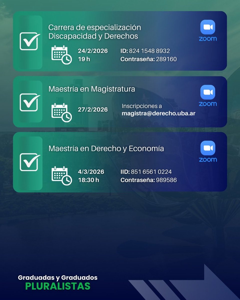 Hoy comienzan las Charlas Informativas de Posgrado para el ciclo lectivo 2026

📌 Para conocer el cronograma completo y las carreras disponibles ingresá a:
derecho.uba.ar/institucional/…

📲 También podés comunicarte con Posgrado:
WhatsApp: +54 9 11 2355-8459
📧 posgrado@derecho.uba.ar