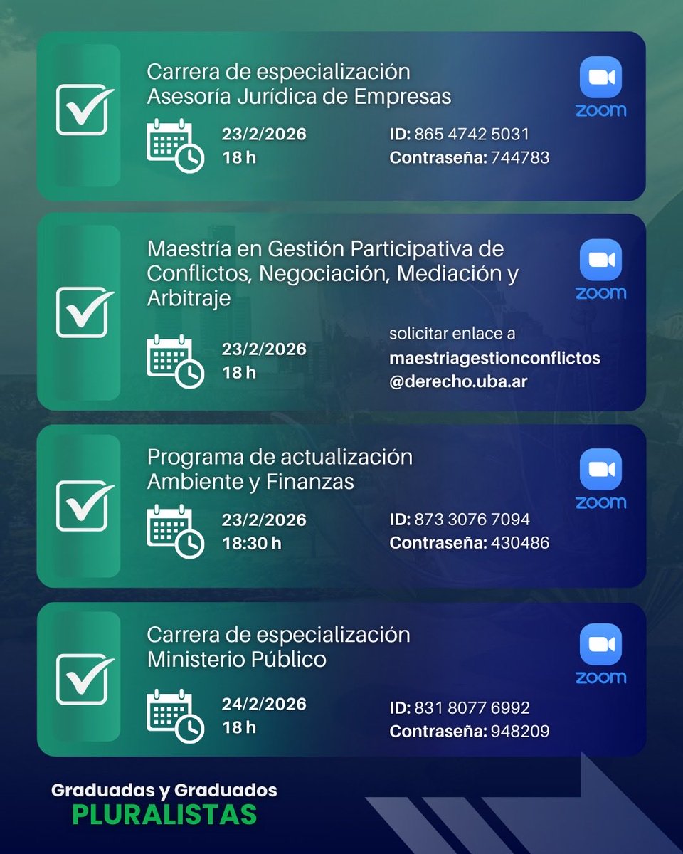 GradPluralistas's tweet photo. Hoy comienzan las Charlas Informativas de Posgrado para el ciclo lectivo 2026

📌 Para conocer el cronograma completo y las carreras disponibles ingresá a:
https://t.co/OFtwJ4zlRS

📲 También podés comunicarte con Posgrado:
WhatsApp: +54 9 11 2355-8459
📧 posgrado@derecho.uba.ar https://t.co/vcpR79pQSx