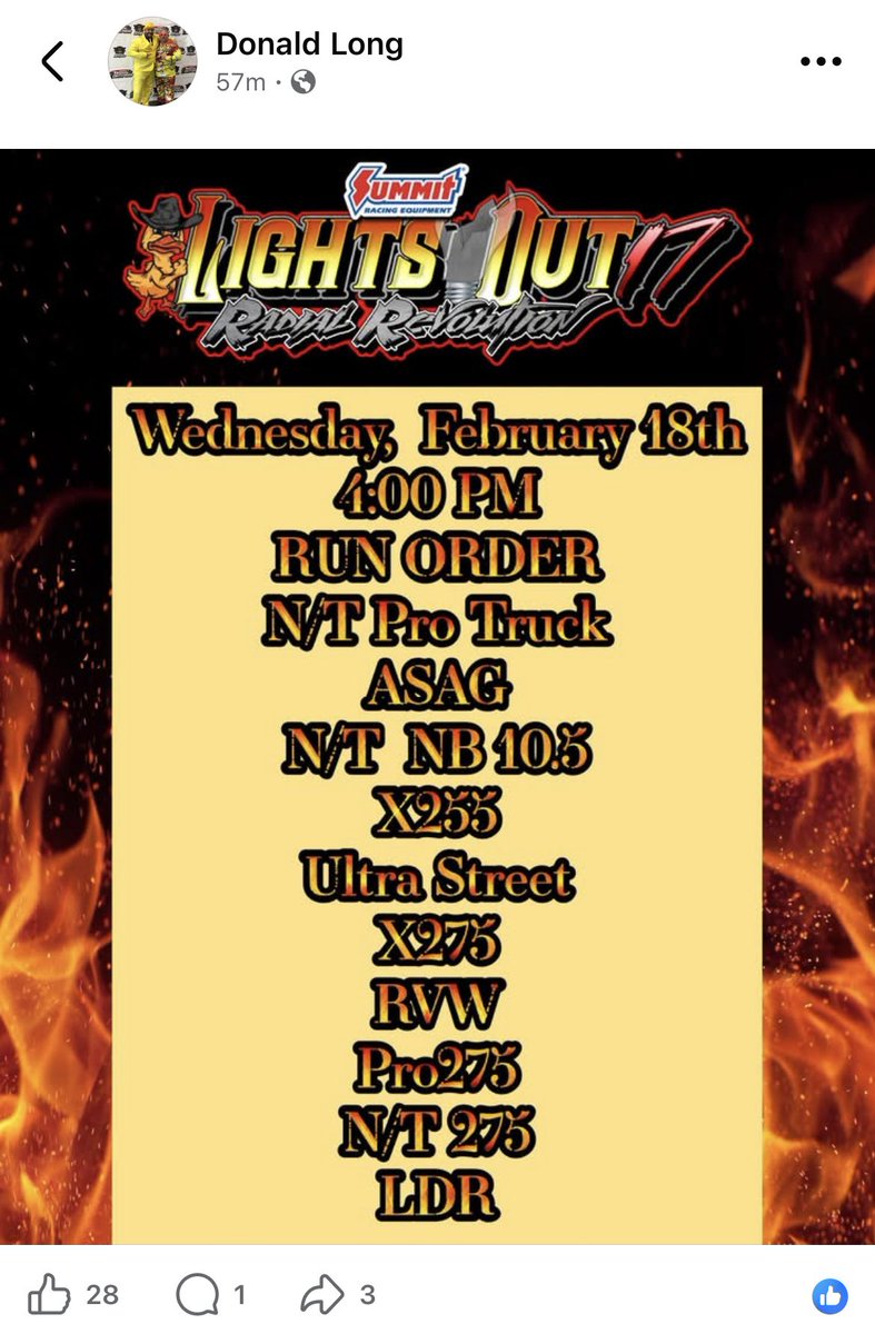 DRNDragRacing's tweet image. #LightsOut17 Tonight’s Q1 Run Order. Streaming on FloRacing.com 
#RaceDXP #RadialVsTheWorld #Pro275 #RadialOutlawSeries #DragRacing #SGMP
