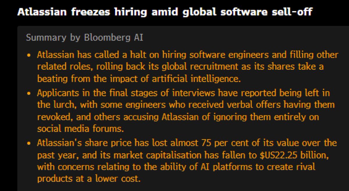 شرکت <a href="/Atlassian/">Atlassian</a> استخدام جهانی رو متوقف کرده سهامشون 75% از سقفش ریخته

چون همه میترسن AI مثل agentهای هوشمند جای ابزارهای SaaS سنتی و بگیره و شرکتها دیگه نیازی به لایسنس per-user نداشته باشن

در اصل هشدار میده بحران AI در صنعت نرم افزار شروع شده و سهام تکنهای SaaS داره ریزش میکنه