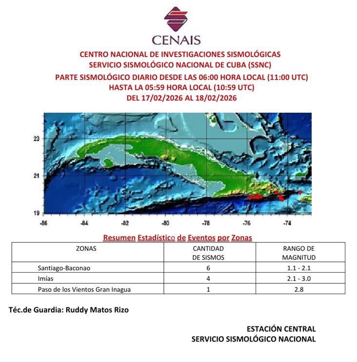 Terremotos registrados en Cuba y sus alrededores por el Servicio Sismológico Nacional, desde las 6:00 am del día 17 de Febrero de 2026 hasta las 5:59 am del día 18 de Febrero de 2026.