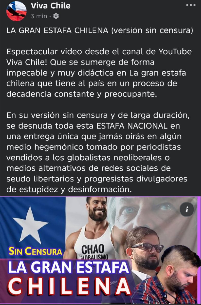 LA GRAN ESTAFA CHILENA
(VERSIÓN SIN CENSURA)
Link:
youtu.be/WLyjrZOnZJM?si…
<a href="/Fuera_Onu/">𝐅𝐔𝐄𝐑𝐀 𝐎𝐍𝐔</a>