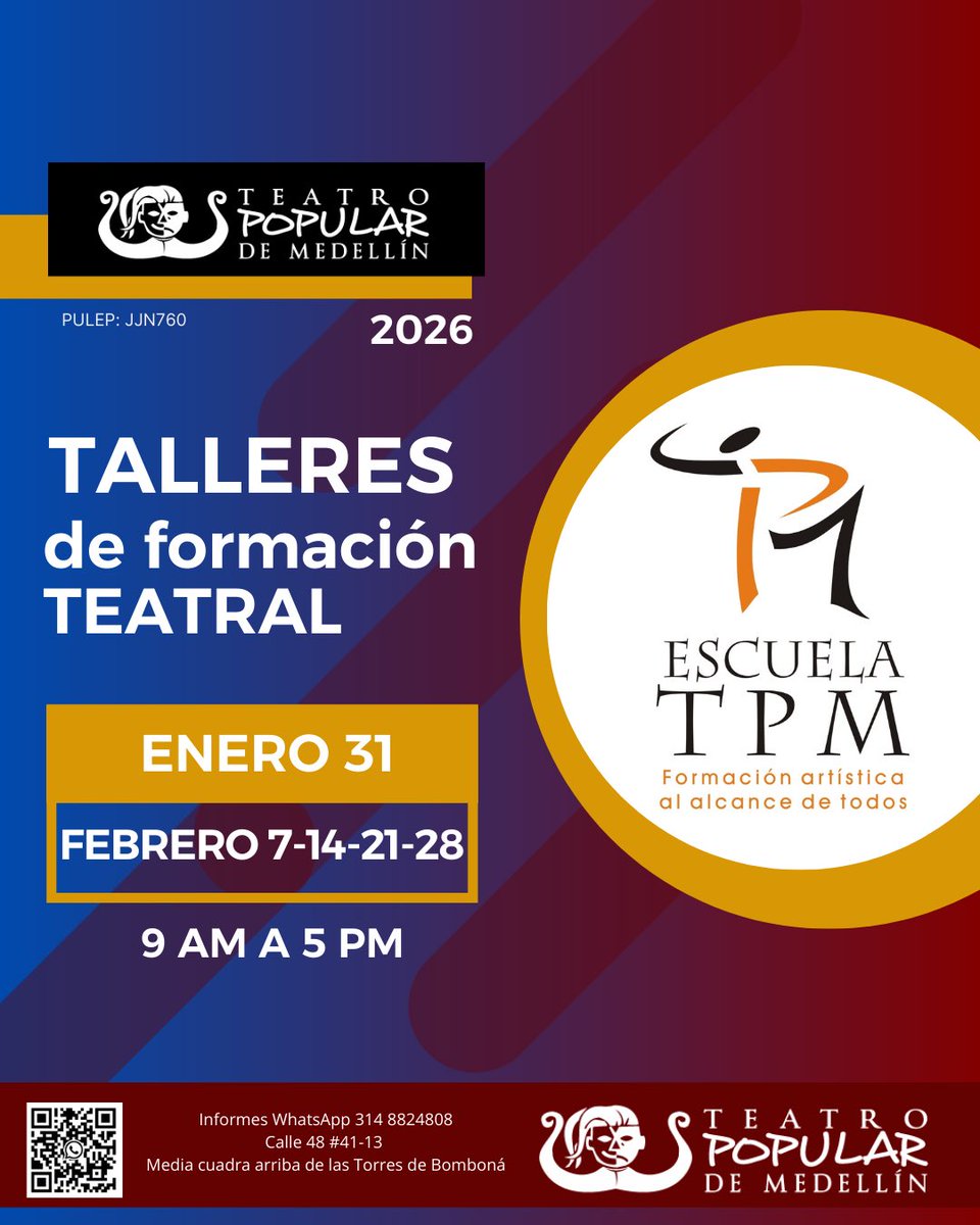 Talleres de formación teatralTeatro Popular de Medellín, tenemos cursos para niños, jóvenes y adultos. Para mayor información puedes comunicarte con el WhatsApp +57 314 8824808

#teatro #teatroenmedellin #quehayparahacerenmedellin #clasesdeteatro 
@alcaldiademed <a href="/mincultura/">MinCultura Colombia</a>