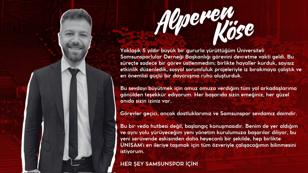 Yaklaşık 5 yıldır büyük bir gururla yürüttüğüm Üniversiteli Samsunsporlular Derneği Başkanlığı görevini devretme vakti geldi. Bu süreçte sadece bir görev üstlenmedim; birlikte hayaller kurduk, sayısız etkinlik düzenledik, sosyal sorumluluk projeleriyle iz bırakmaya çalıştık ve en