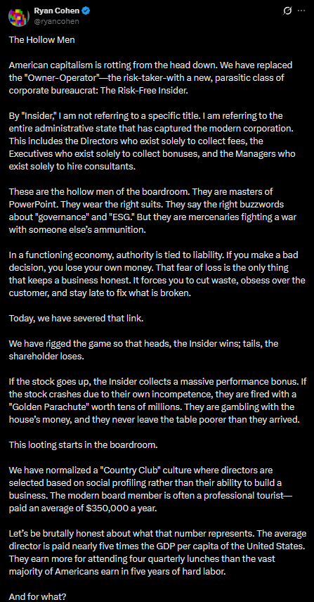 ReesePolitics's tweet photo. BREAKING: Ryan Cohen delivers longest message ever on the 'parasitic class of corporate bureaucrat' $GME 🚨🚨🚨 https://t.co/ffebRvU1qa