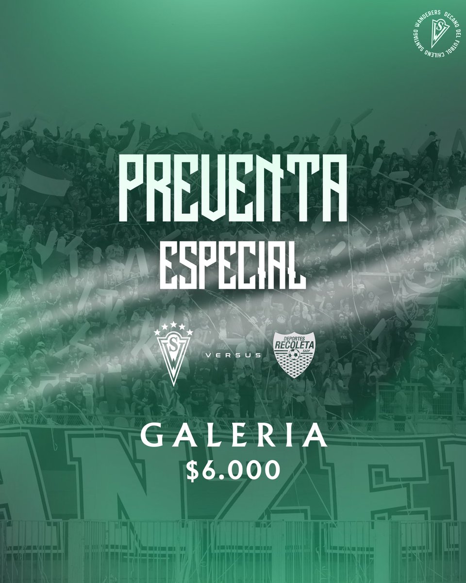 𝐏𝐑𝐄𝐕𝐄𝐍𝐓𝐀 𝐆𝐀𝐋𝐄𝐑𝐈́𝐀 𝐍𝐎𝐑𝐓𝐄💚🏟️

Tenemos preventa exclusiva para el primer partido de la Liga de Ascenso🤩

Galería Norte está por tiempo limitado a $6.000 pesos🎟️

Esta preventa estará disponible hasta este jueves a las 23:59⏱️

tiendawanderers.cl/entradas_compr…