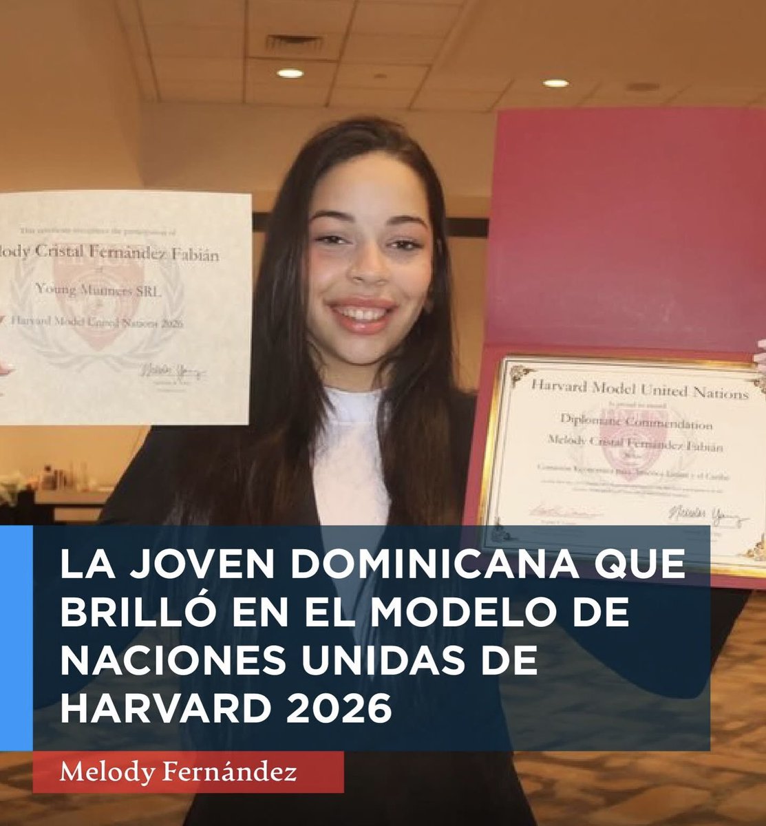 Hoy, en el Día del Estudiante, felicito con orgullo a mi querida sobrina Melody Fernández, ejemplo de dedicación y excelencia, por su destacada participación y reconocimiento en el Modelo de Naciones Unidas de Harvard 2026. ¡Que sigan los éxitos! 🇩🇴📚