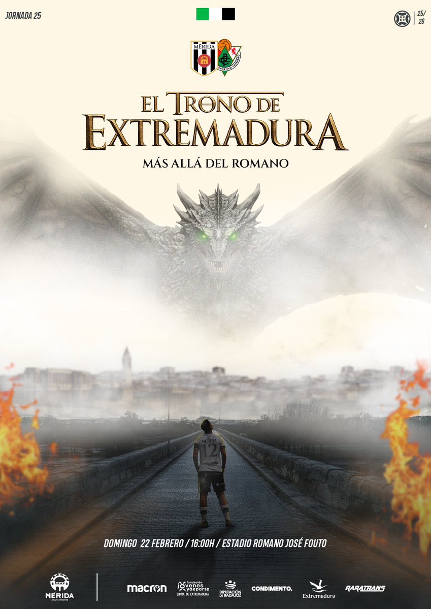 𝐒𝐞 𝐚𝐜𝐞𝐫𝐜𝐚 𝐞𝐥 𝐃𝐞𝐫𝐛𝐢... 🟢⚪️⚫️

👑 𝐄𝐥 𝐓𝐫𝐨𝐧𝐨 𝐝𝐞 𝐄𝐱𝐭𝐫𝐞𝐦𝐚𝐝𝐮𝐫𝐚 𝐞𝐬𝐭𝐚́ 𝐞𝐧 𝐣𝐮𝐞𝐠𝐨 ⚔️🐉

🆚 <a href="/CPCacerenoSAD/">CP Cacereño 🟢🐉</a> 
📅 Domingo, 22 de febrero
⏰ 16:00 horas
📊 Jornada 25
🏟️ Estadio Romano José Fouto

🎨 <a href="/condimentograf/">Condimento Studio</a> 

#MéridaCacereño #DerbiExtremeño