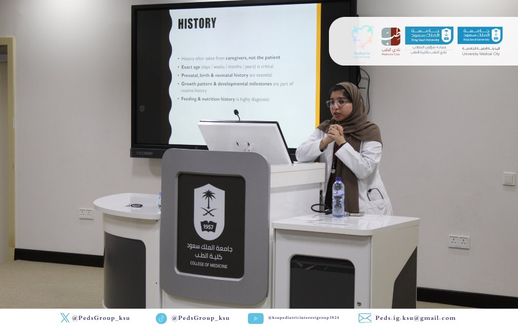 PedsGroup_Ksu's tweet image. تم بحمد الله إقامة ورشة
“Pediatric Clinical Examination &amp;amp; History Taking”

هدفت الورشة إلى تعزيز مهارات الفحص السريري وأخذ التاريخ المرضي لدى الأطفال، مع توضيح الفروقات بين المراحل العمرية. 

تقديم: د. لمياء الضبيبان
بقيادة: ساره الشهراني ونوير الشيباني