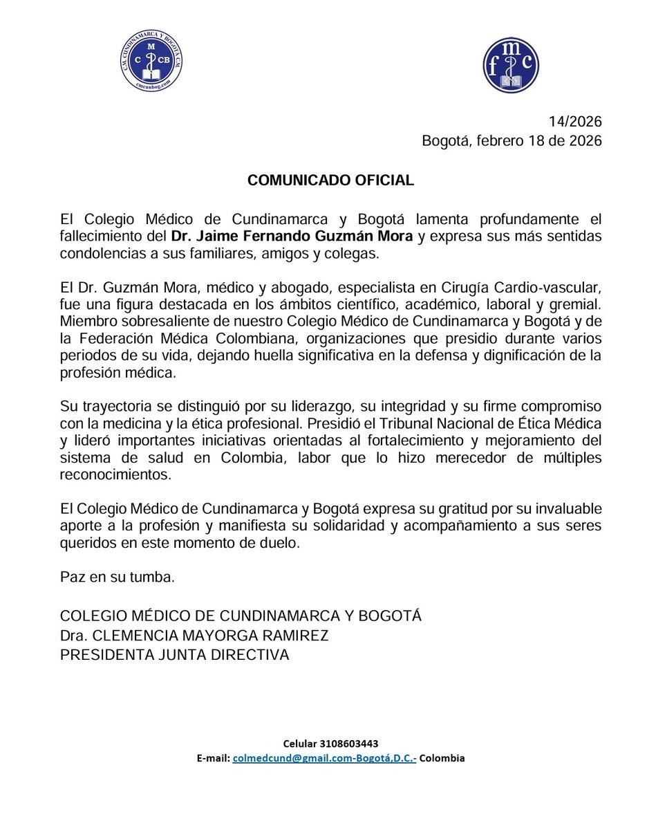 El <a href="/ColegioMedicoCB/">Colegio Médico CB</a> lamenta profundamente el fallecimiento del Dr. Jaime Fernando Guzmán Mora y expresa su cariño y solidaridad a familia y amigos. QEPD