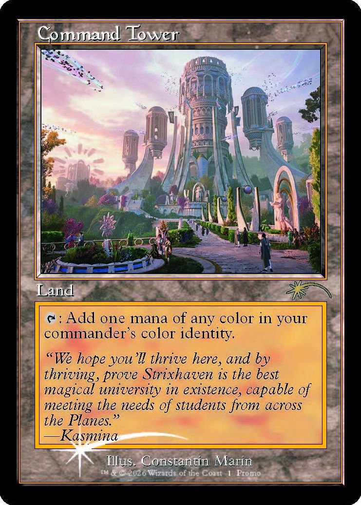 The most amazing news I got from making this post is I learned that Seanan McGuire has a new novel releasing in conjunction with the Secrets of Strixhaven set.

It drops on April 7th and the hardcover version comes with a beautiful Strixhaven-themed Command Tower promo.