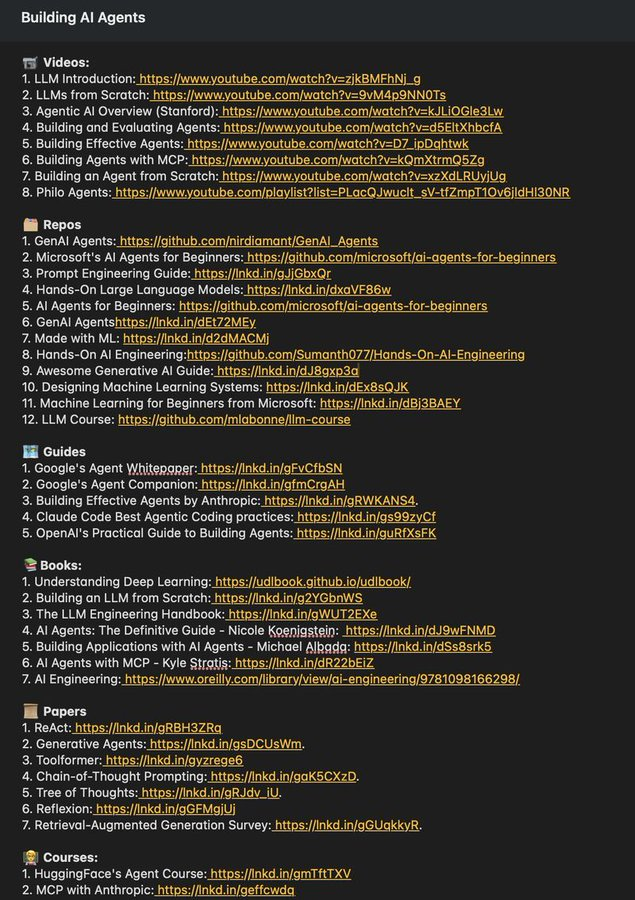 Ai_Vaidehi's tweet photo. Stop wasting hours trying to learn AI.

One list.
Zero confusion.
No fluff.

I’ve already done the hard work for you 👇

📄 Complete AI Learning Document
https://t.co/3h3k80FhZV

What’s inside:

📹 Videos
LLMs, Agentic AI, real-world breakdowns (Stanford + more)

🗂️ GitHub Repos
GenAI agents, prompt engineering, hands-on LLMs, beginner → advanced

🗺️ Guides & Whitepapers
Google, Anthropic, practical agent design

🧑🏫 Courses
Hugging Face, MCP, Vector DBs, end-to-end agent systems

📚 Books
From fundamentals to LLM engineering

📜 Research Papers
ReAct, Generative Agents, Toolformer, and more

📩 Newsletters
Stay updated without doomscrolling

Everything is curated, sequenced, and practical.
No random bookmarks. No hype.

♻️ Repost for your network

❤️ Like · 🔖 Save

➕ Follow for more on AI Agents & real-world GenAI