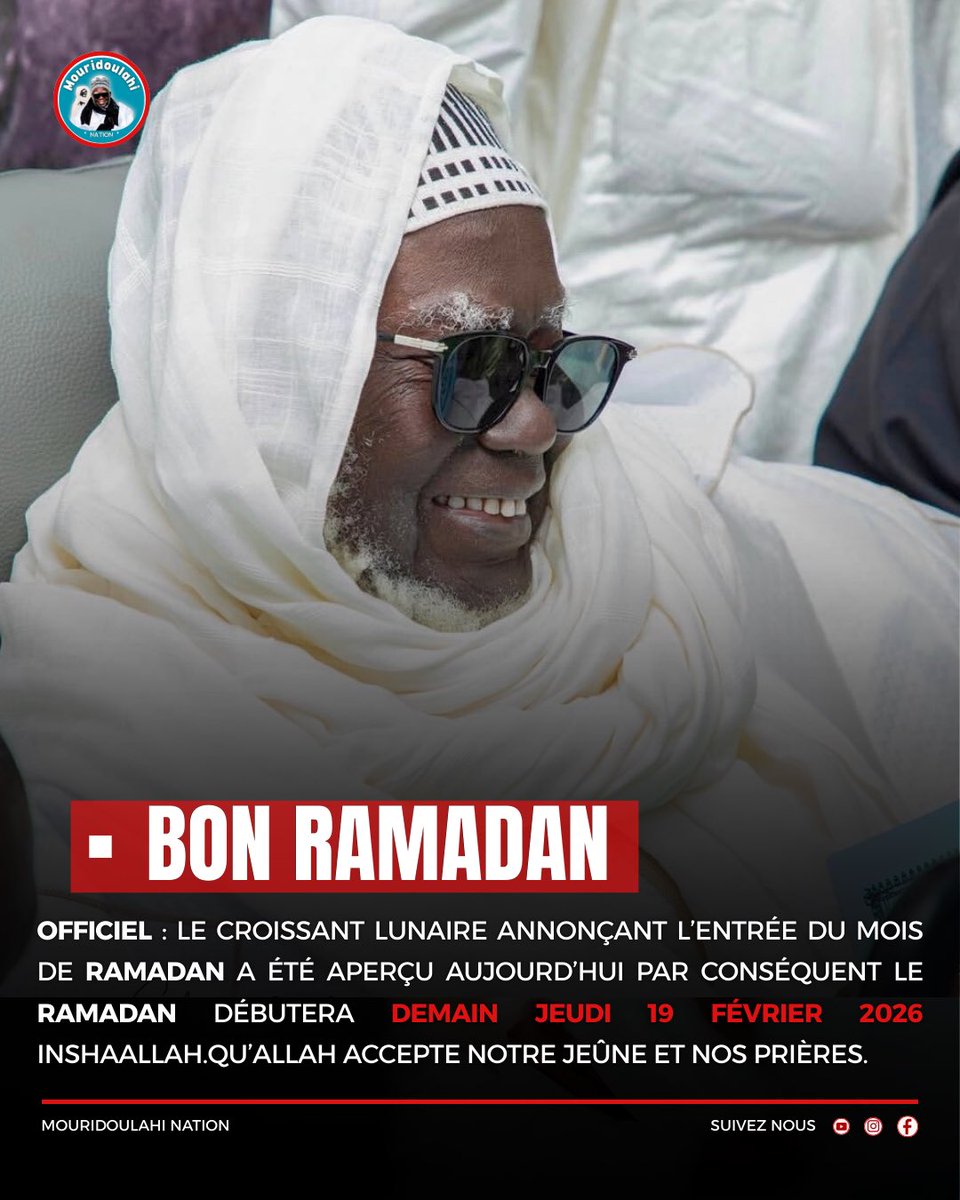 🚨 🚨OFFICIEL: Weer wi feeñ na, kon suba ci Alximis ji dëppoo ak Jeudi 19 février 2026 mooy ndoorteelu koorug 1447H.
Yal na sunu Borom defal jullit yépp koorug jàmm te nangu lépp ful ko.