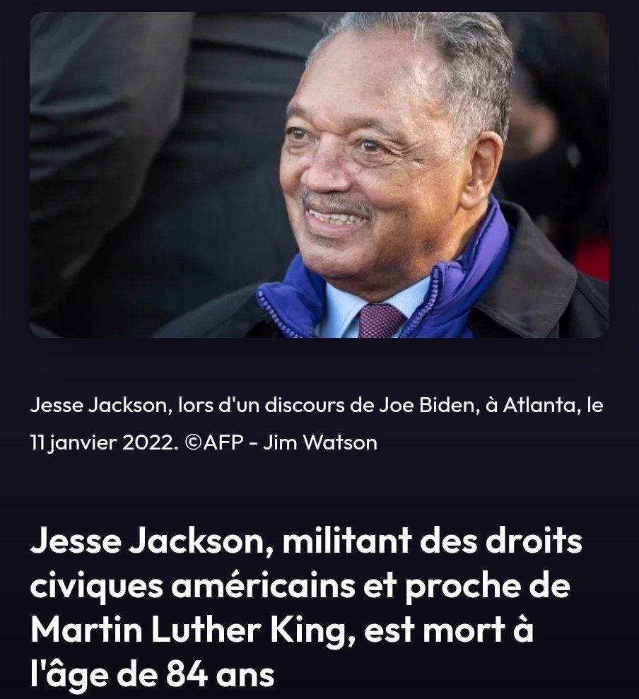 ibra_mamoudou's tweet image. #Monde

Mort quasi-synchrone de deux personnes qui ont marqué l'histoire contemporaine : l'Afro-américain Jesse Jackson, proche de Martin Luther King et grand militant des droits civiques aux États-Unis, et la Palestinienne Leila Shahid, brave combattante de la cause de la