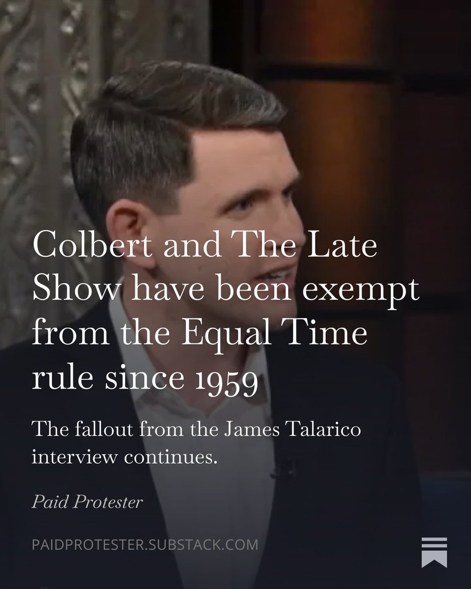 paidprotestr's tweet photo. Free Article Link:
https://t.co/02rsuKcau4
Interviews are exempt from the Equal Time rule. Needing to be a bona fide news program is simply the FCC's made up excuse. Both Brendan Carr and CBS don't know the law.
#Colbert #LateShow #EqualTime #Talarico #FCC #Carr #CBS https://t.co/nOFAamBqjv