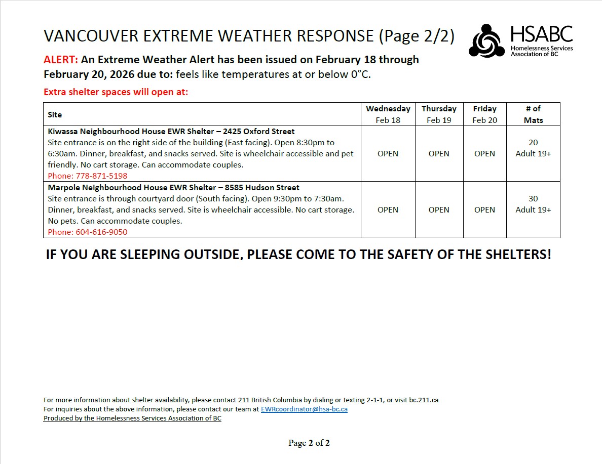 CityofVancouver's tweet photo. Please share: Due to an extreme weather alert for temperatures that feel at or below 0 C, additional shelter spaces will be open tonight, February 18 through February 20 ⬇️

Translations: 繁體中文 | 简体中文 | Tagalog | Español | ਪੰਜਾਬੀ | Tiếng Việt 
1/7 https://t.co/Zy8szbfUyr
