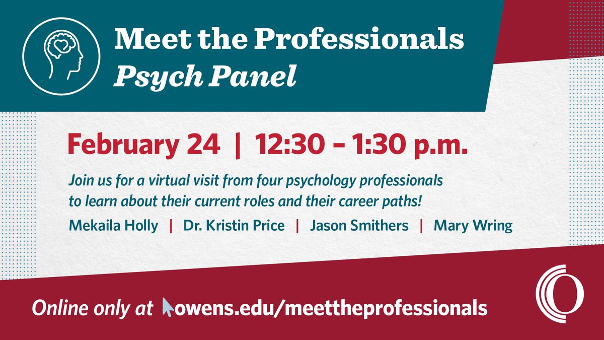 OwensCC's tweet photo. Learn more about careers in Psychology at Meet the Professionals!

Join the School of Liberal Arts on February 24 at 12:30 p.m. when four Psychology professionals share their career stories!

All are welcome at this virtual event at https://t.co/9hOuJrWqYr https://t.co/rlS58BAvbC