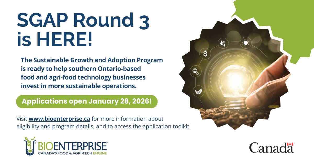 spark_centre's tweet photo. Interested in affordable ways to make your operations greener? @BioenterpriseCA’s
#SGAP is offering food and agri-food tech companies up to $100K for clean tech
adoption. Funded by #GC through @FedDevOntario. Learn more:
https://t.co/Z4d8kPsVgR
#CleanGrowth #Agrifood https://t.co/XqLNfDdHHA