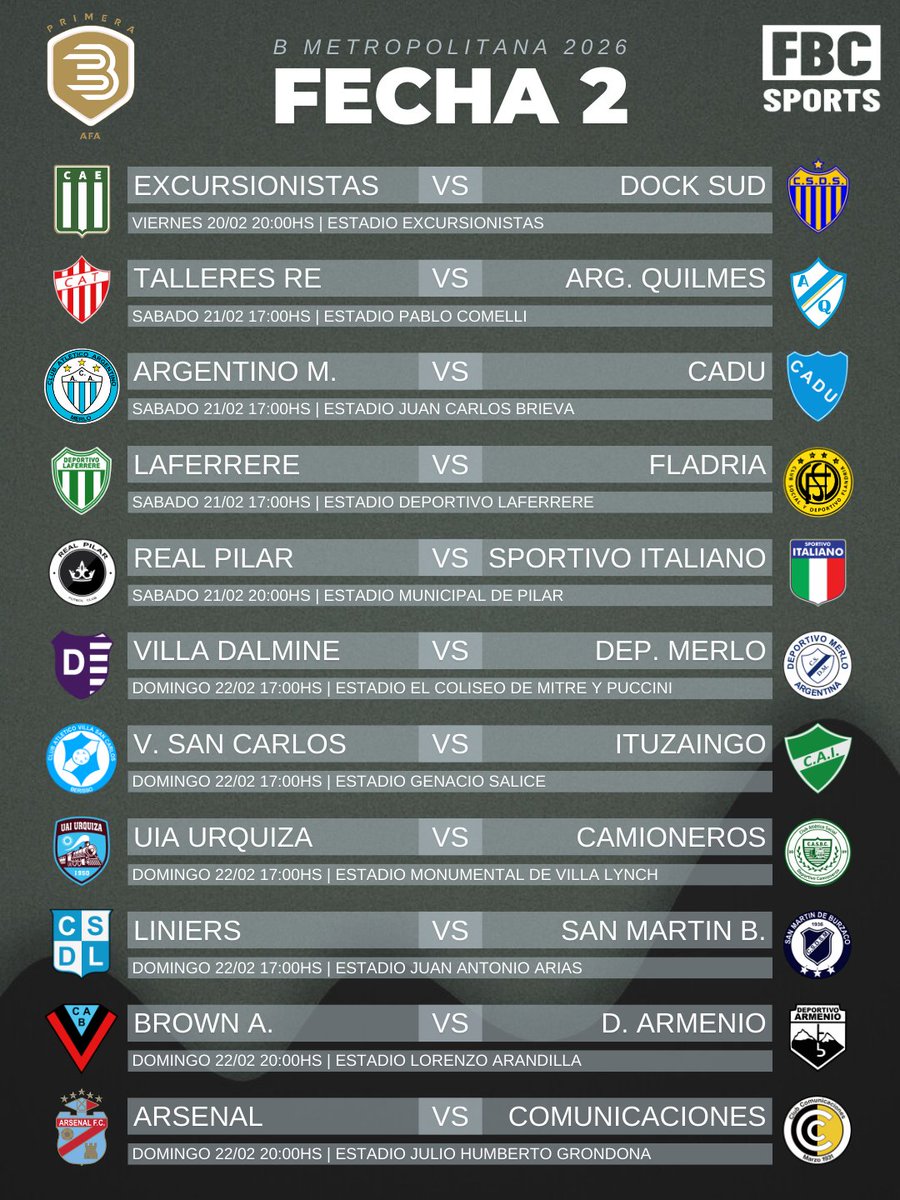 #BMetro | ¡Se viene la Segunda Fecha de la B Metropolitana!

los partidos de la segunda Fecha, comenzaran este Viernes 20 de febrero
#FBCSports #BMetropolitana #Futbol #Ascenso #AscensoArgentino #AFA