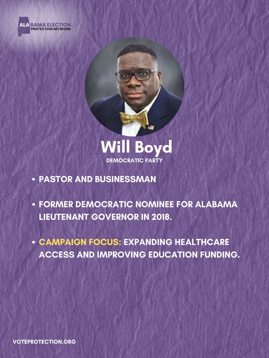 AlabamaElection's tweet photo. Don’t wait until the last minute to get to know your 2026 Alabama Gubernatorial candidates. An informed voter is an empowered voter. 💪 For part one of our series, we’re highlighting Doug Jones, Tommy Tuberville, Ken McFeeters, and Will Boy. 

#vote #alabamaelections https://t.co/jvSjaa0IvP
