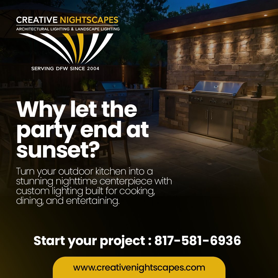 Why let the party end at sunset? Custom outdoor kitchen lighting keeps your space ready for cooking, dining, and entertaining after dark.
#OutdoorKitchenLighting #OutdoorLiving #CreativeNightscapes