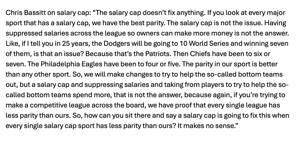 MLBPA subcommittee member Chris Bassitt on the salary cap debate that may be a central figure in the upcoming CBA discussions: "The salary cap is not the issue. Having suppressed salaries across the league so owners can make more money is not the answer."