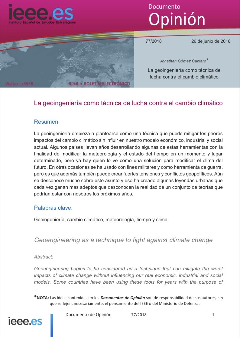 Instituto Español de Estudios Estratégicos - 2018 | La geoingeniería como técnica de lucha contra el cambio climático | 
ieee.es/Galerias/fiche…