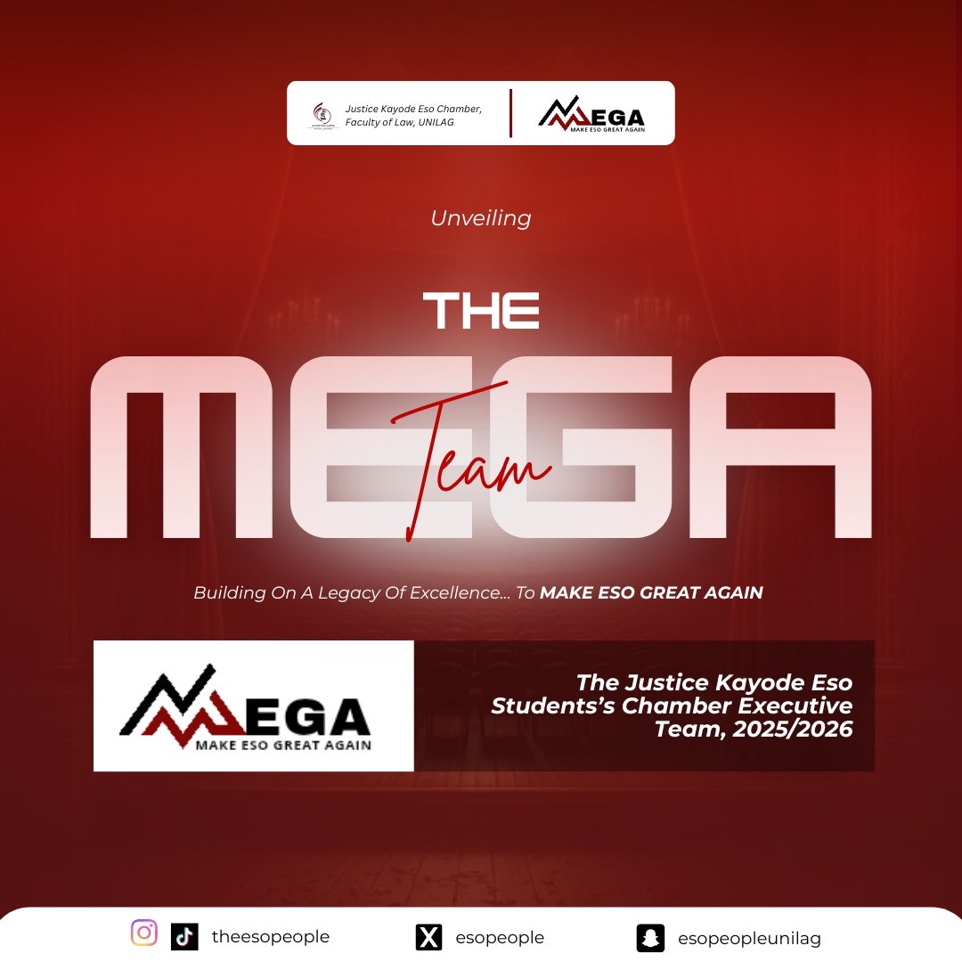 The moment we’ve been building toward is finally here!🌟

We proudly present the Justice Kayode Eso Students’ Chambers Executive Team, 2025/2026— a team entrusted with legacy, driven by excellence, and committed to intentional leadership.

THE MEGA TEAM IS HERE!🔥