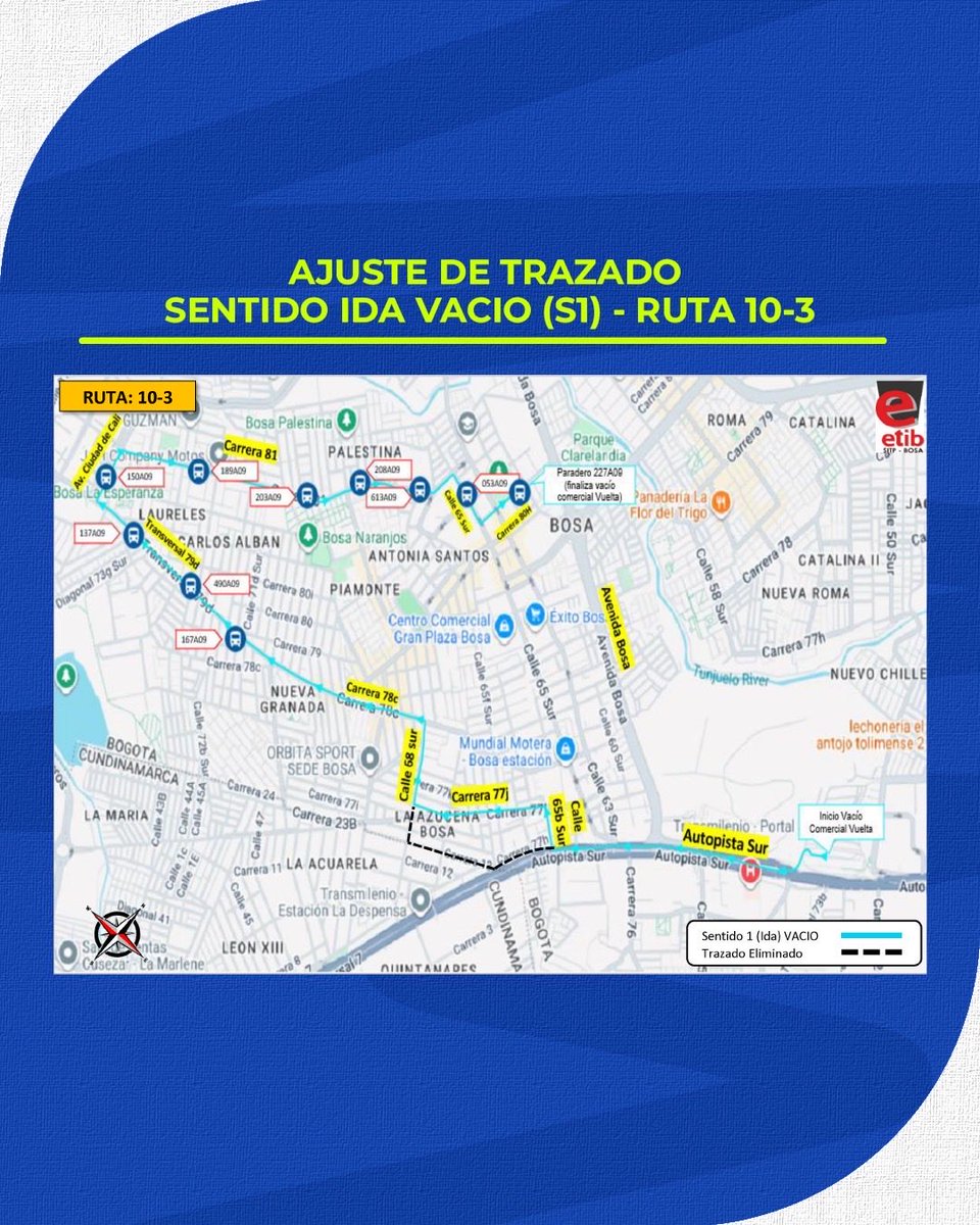🚨 Ajuste de trazado – Ruta 10-3 Albán Carbonell

Desde el 2 de marzo de 2026, la ruta 10-3 modificará su recorrido en sentido ida (S1).

📍 Nuevo trayecto: ingresará por Calle 65B Sur (Autopista Sur), girará por Carrera 77J y retomará en Calle 68 Sur.