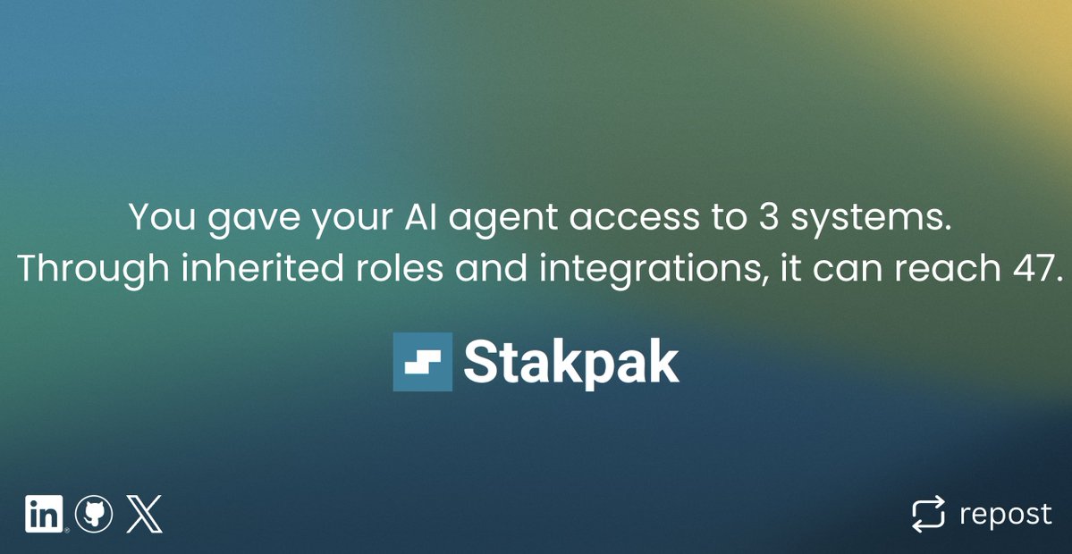 🚨You gave your AI agent access to 3 systems.

Through inherited roles and integrations, it can reach 47.

That’s your real blast radius.

We measured effective permissions not what you intended, but what the agent can actually touch.

Want to see yours?
🔗stakpak.dev