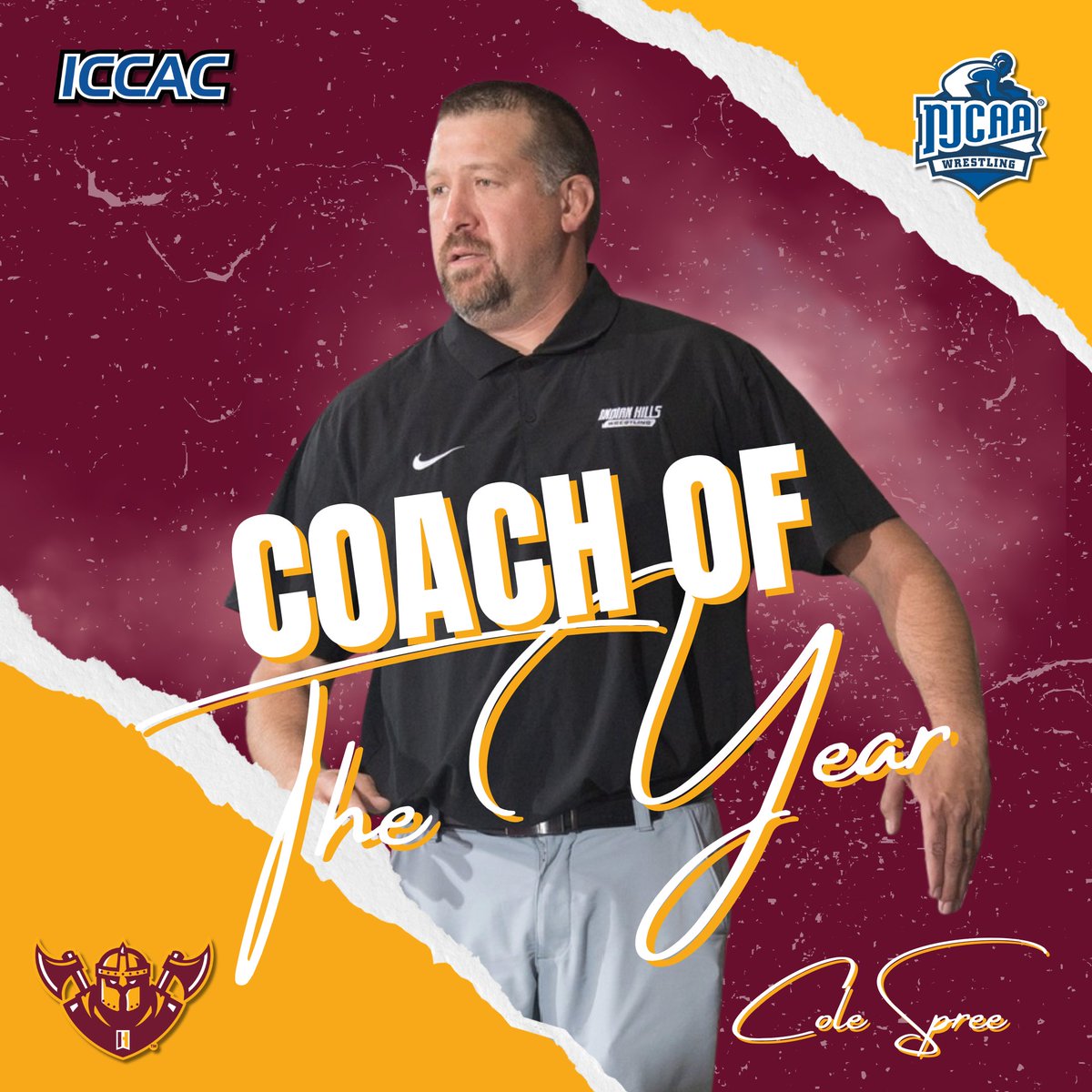 ICCACSports's tweet photo. MWREST🤼
COACH OF THE YEAR🏅

Indian Hills' Cole Spree, who led Indian Hills to its second-straight North Central District title, was named the ICCAC Men's Wrestling Coach of the Year.

The Warriors are the reigning national champs, ranked No. 1 and went 7-0 through the 2025-26 ICCAC dual schedule. They have now won 16 straight ICCAC duals.

It is the third time Spree has won the award -- including last season and 2018-19 when he was at Ellsworth.

🔗https://t.co/LNU6KxxFh2
#NJCAAWrestling 🤼