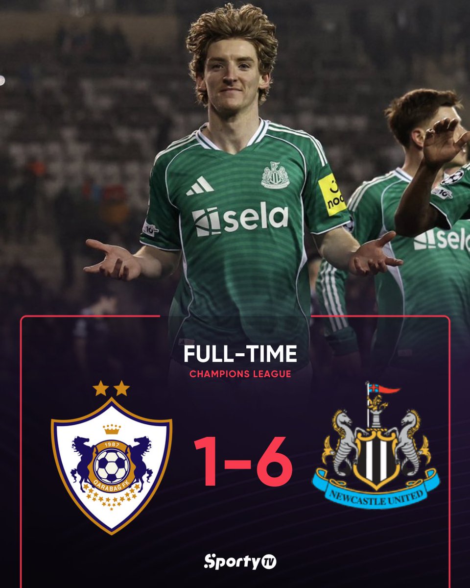 SportyTV's tweet photo. Qarabag 1-6 Newcastle United!!! 😳

Job almost done for NUFC in the first leg with Gordon's stellar performance with 4 goals! ⚽️🔥

LIVE with us on the SportyShow Watchalong for the rest of the UCL night! 🎙️🔥
Watch live on SportyTV YouTube, Facebook, TikTok &amp; X. https://t.co/OfNq7pa9Jw
