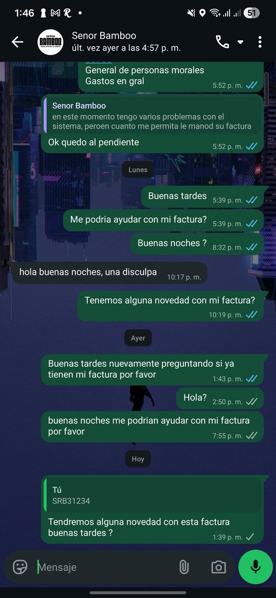 bubermonster's tweet photo. @bambooandamar buenas tardes que falta de profesionalismo de que no me realicen mi factura llevo prácticamente desde el domingo tratando de que me ayuden y nada  @SATMX este establecimiento se está negando a realizarme mi factura @Profeco me ayudarían a saber que aplica por favor https://t.co/C8TW602CPP