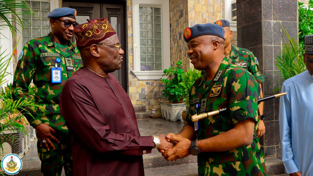 NigAirForce's tweet photo. CAS VISITS FORMER AIR CHIEF MD UMAR, CELEBRATES ENDURING NAF TRADITION

The Chief of the Air Staff (CAS), Air Marshal Sunday Kelvin Aneke, on 18 February 2026 paid a courtesy visit to former Chief of the Air Staff, Air Marshal Mohammed Dikko Umar (Rtd), in a legacy engagement that highlighted the Nigerian Air Force’s deep-rooted culture of honouring its past while strengthening its future. The visit provided an opportunity to celebrate Air Marshal Umar’s enduring contributions to the growth and professionalism of the Service, as the CAS drew from his wealth of operational and strategic experience. Air Marshal Aneke emphasized that the NAF’s continued progress is anchored on the vision, sacrifices, and traditions established by former leaders, noting that sustained engagement with elder statesmen reinforces institutional memory, inspires serving personnel, and preserves the values that define Nigerian airpower.

#NigerianAirForce #LeadershipLegacy #NAFTradition #AirPower #InstitutionalContinuity