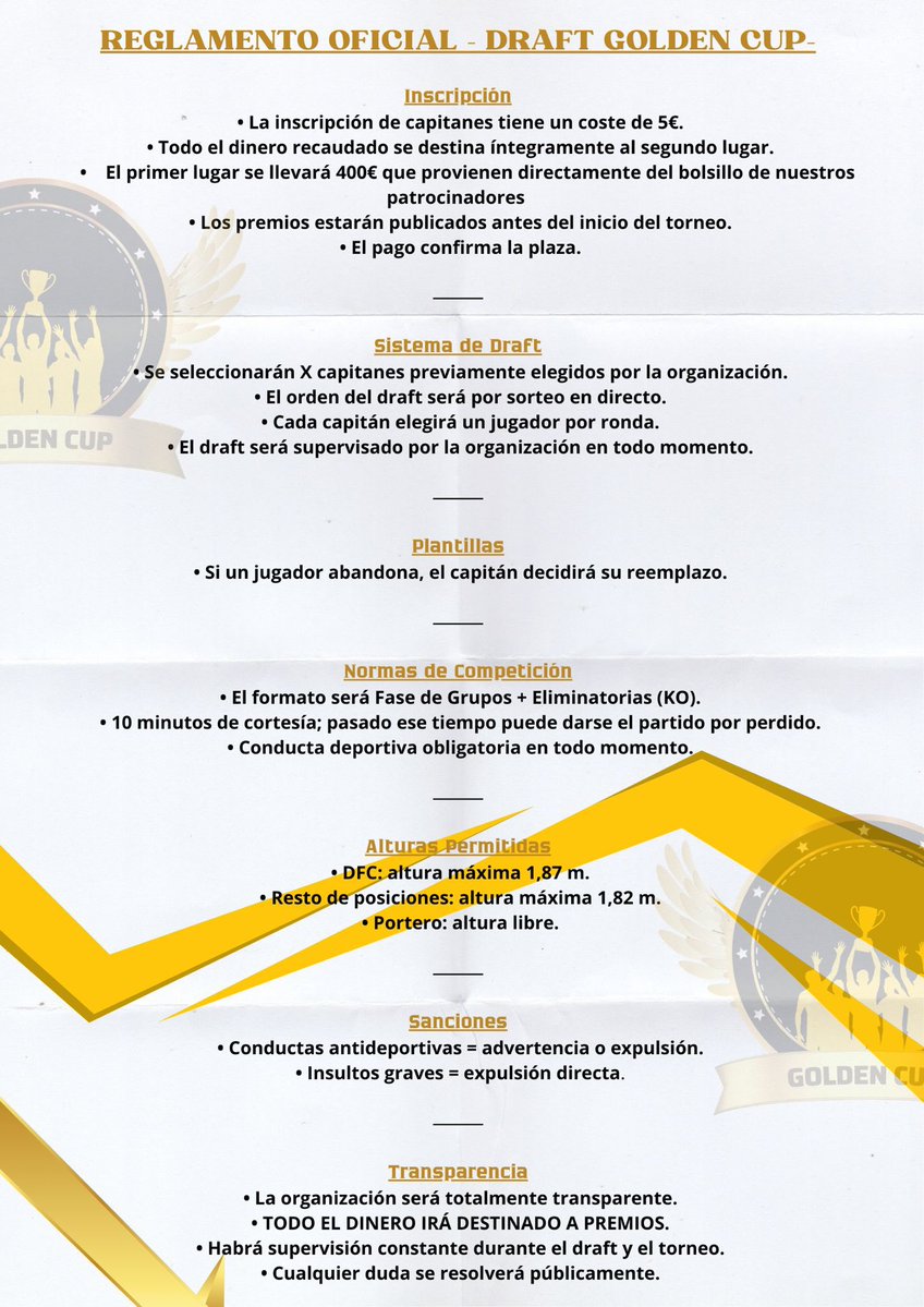 DRAFT GOLDEN CUP 🏆

NORMATIVA OFICIAL 🔐

🗓️20/02

chat.whatsapp.com/Imk0wvcBabrCJ8…