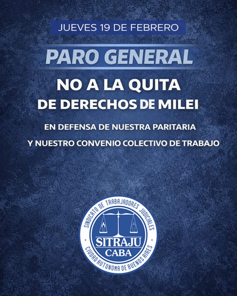 📣 PARO GENERAL
Este jueves 19/02 paramos para defender lo que conquistamos con años de organización.
No a la quita de derechos.
En defensa de nuestra paritaria y de nuestro Convenio Colectivo de Trabajo.
La historia demuestra que los derechos no se entregan, se defienden.